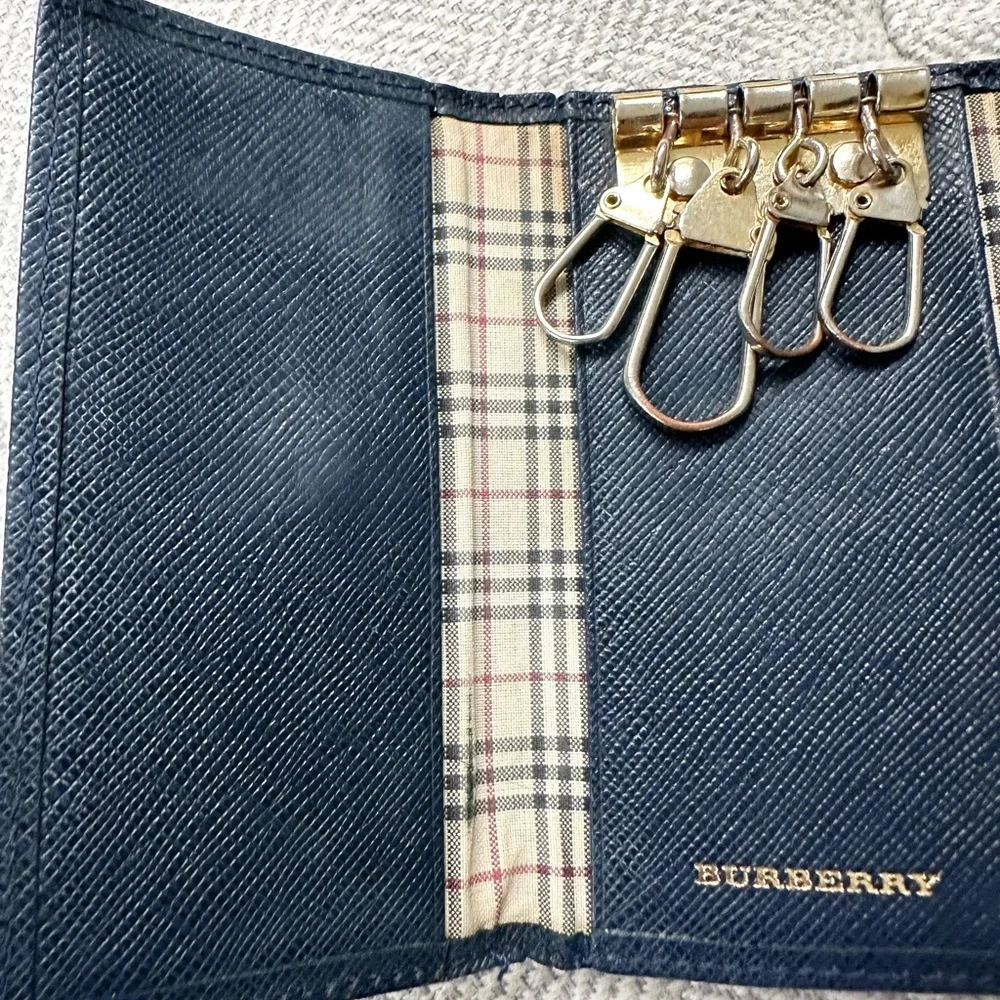 Burberry Nova Check Leather Key Holder & Card Holder – Dark Blue - Authentic